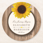 カントリー素朴ヒマワリとブラウン結婚ウッド ラウンドペーパーコースター (正面)