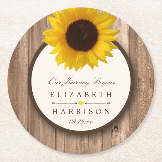 カントリー素朴ヒマワリとブラウン結婚ウッド ラウンドペーパーコースター (正面)