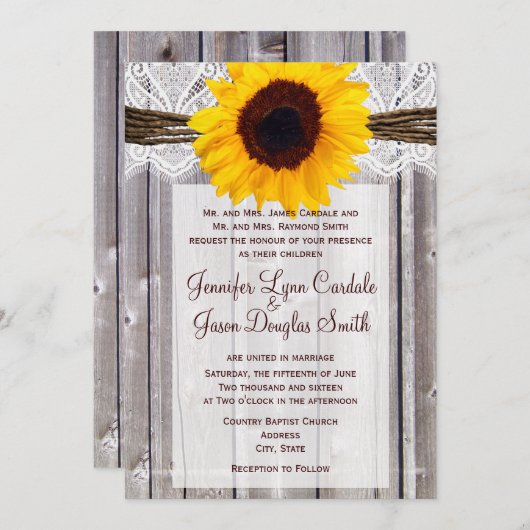 カントリー素朴ヒマワリーバーンウッド結婚式招待 招待状 (正面/裏面)