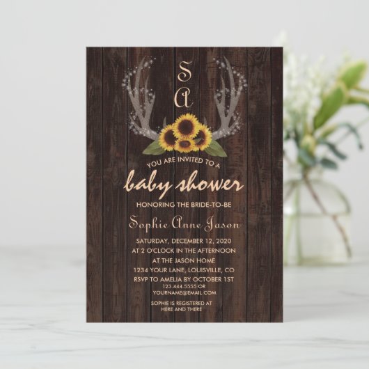 カントリー素朴ヒマワリ〔雄ジカの〕枝角ベビーシャワー 招待状 (スタンド正面)