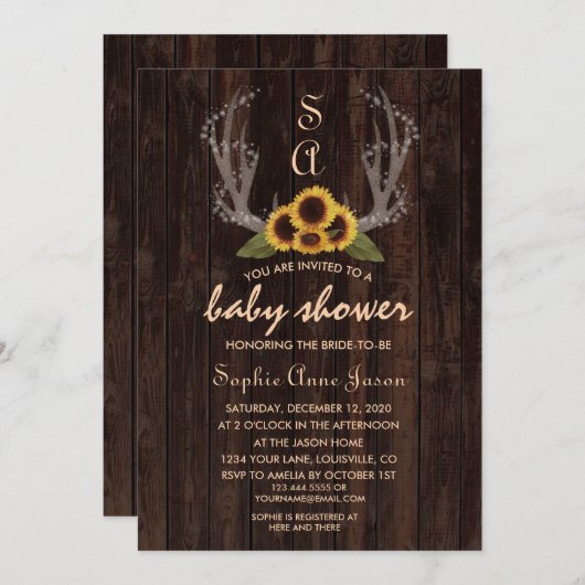 カントリー素朴ヒマワリ〔雄ジカの〕枝角ベビーシャワー 招待状 (正面/裏面)
