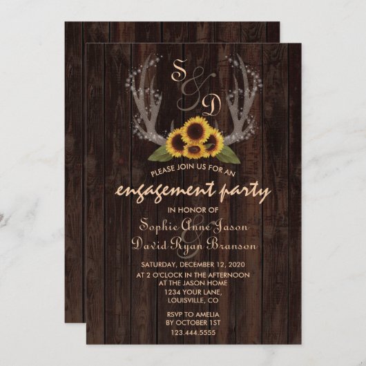 カントリー素朴ヒマワリ〔雄ジカの〕枝角婚約 招待状 (正面/裏面)