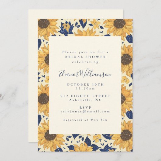 カントリー素朴ヒマワールブルーイエローブライダルシャワー 招待状 (正面/裏面)