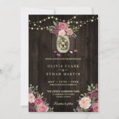 カントリー素朴ピンクフローラメイスンジャースダークウッド 招待状 (正面)