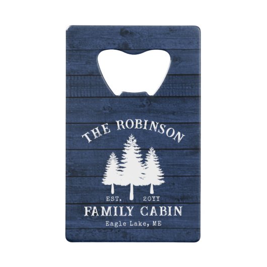 カントリー素朴ファミリーキャビンツリーズブルーウッドプリント クレジットカード栓抜き (正面)