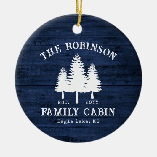カントリー素朴ファミリーキャビンツリーズブルーウッドプリント セラミックオーナメント (正面)