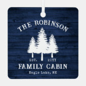 カントリー素朴ファミリーキャビンツリーズブルーウッドプリント メタルオーナメント (裏面)