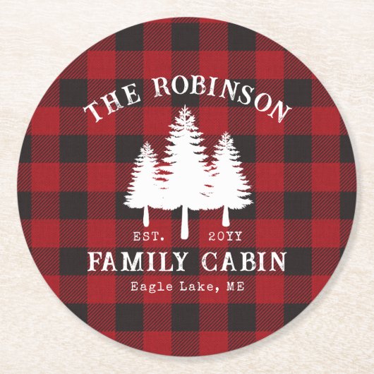 カントリー素朴ファミリーキャビンツリーレッドバッファロープレイド ラウンドペーパーコースター (正面)