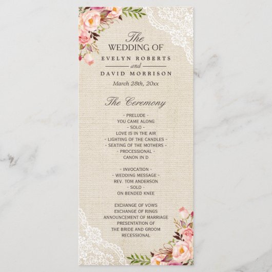 カントリー素朴フローラレースバーラップ結婚式 プログラム (正面)