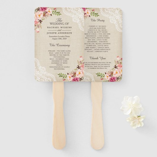 カントリー素朴フローラレースバーラップ結婚式 プログラム ハンドファン (正面&裏面)