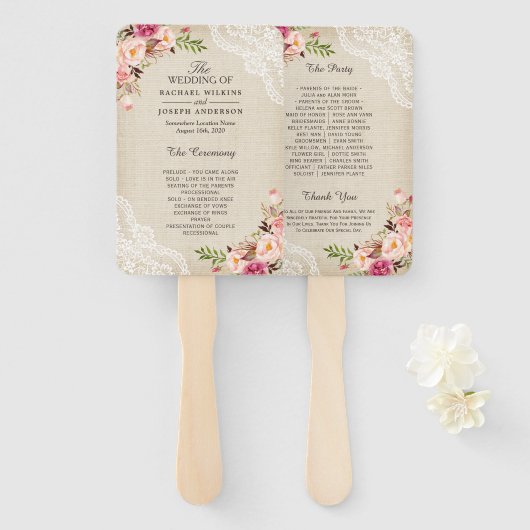 カントリー素朴フローラレースバーラップ結婚式 プログラム ハンドファン (正面&裏面)