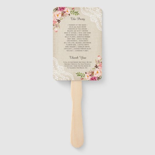 カントリー素朴フローラレースバーラップ結婚式 プログラム ハンドファン (裏面)