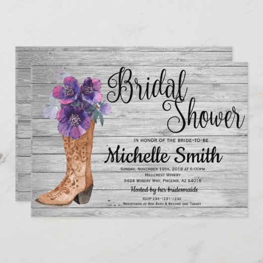 カントリー素朴ブライダルパープルヴィンテージブライダルシャワー 招待状 (正面/裏面)