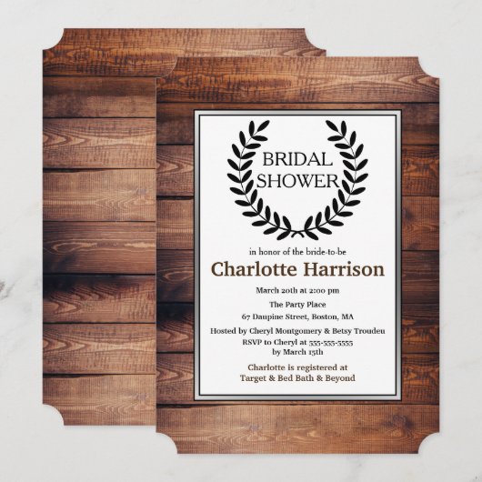 カントリー素朴ブラックローレルブライダルシャワー 招待状 (正面/裏面)
