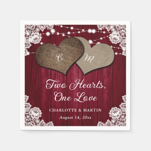 カントリー素朴ブルガンディウッドバーラップレース結婚ズ スタンダードカクテルナプキン (正面)