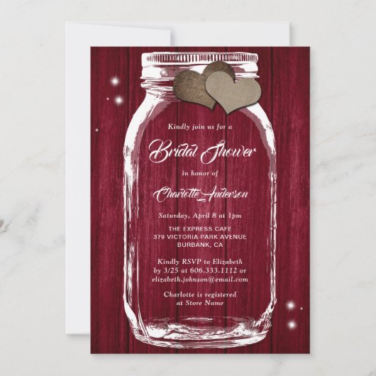 カントリー素朴ブルガンディメイソンジャーブライダルシャワー 招待状 (正面)