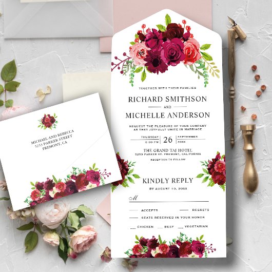 カントリー素朴ブルゴーニュフローラブーケ結婚ス オールインワン招待状