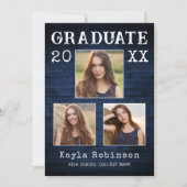 カントリー素朴ブルーウッドプランク3写真卒業 案内状 (正面)