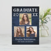 カントリー素朴ブルーウッドプランク3写真卒業 案内状 (スタンド正面)