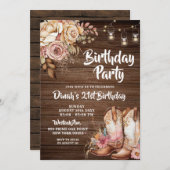 カントリー素朴ブーツ女性のカーボーイフローラ誕生日 招待状 (正面/裏面)