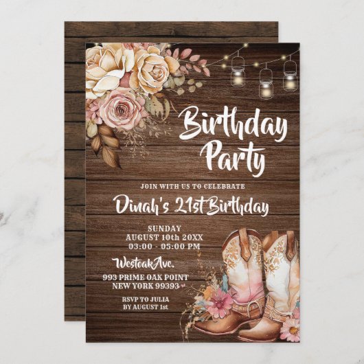 カントリー素朴ブーツ女性のカーボーイフローラ誕生日 招待状 (正面/裏面)