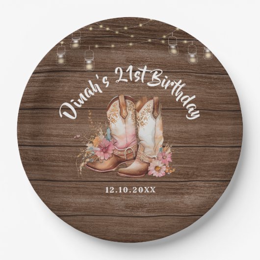 カントリー素朴ブーツ女性のカーボーイ誕生日 ペーパープレート (正面)