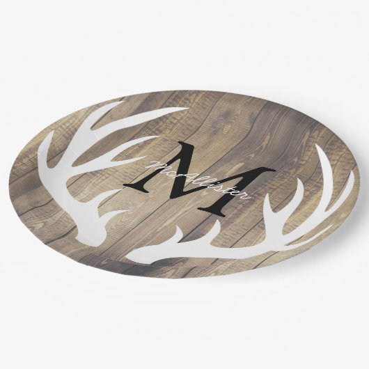 カントリー素朴ホワイトディアー〔雄ジカの〕枝角ライトバーンウッド ペーパープレート (アングル)