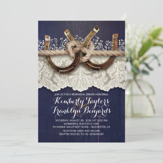 カントリー素朴ホースシューズカップルのリハーサルディナー 招待状 (スタンド正面)