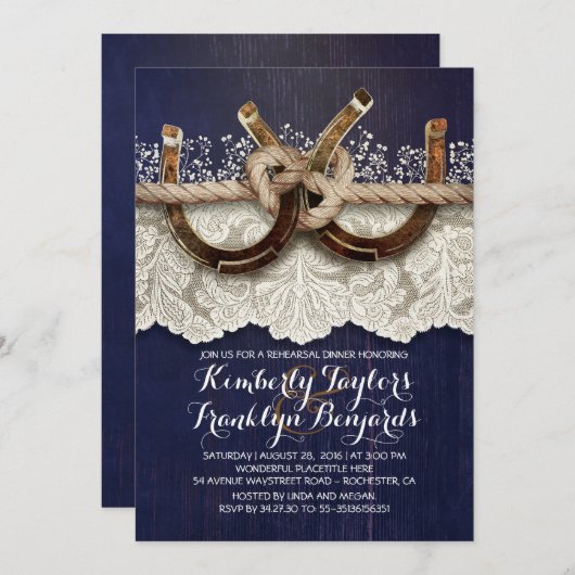 カントリー素朴ホースシューズカップルのリハーサルディナー 招待状 (正面/裏面)