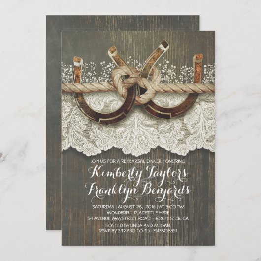 カントリー素朴ホースシューズカップルのリハーサルディナー 招待状 (正面/裏面)