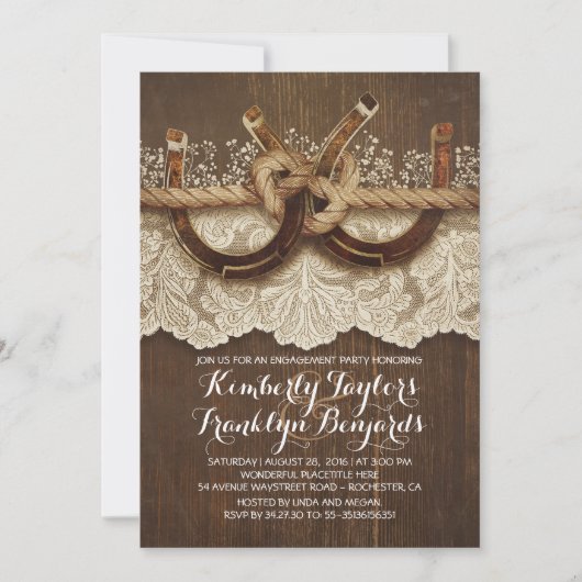 カントリー素朴ホースシューズカップル婚約パーティ 招待状 (正面)