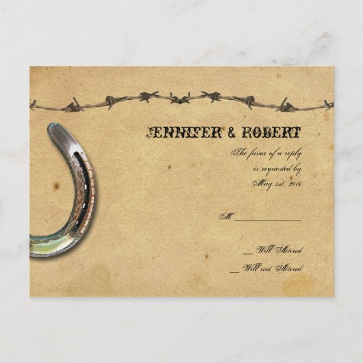 カントリー素朴ホースシューズバーベッドウェディングRSVP インビテーションポストカード (正面)