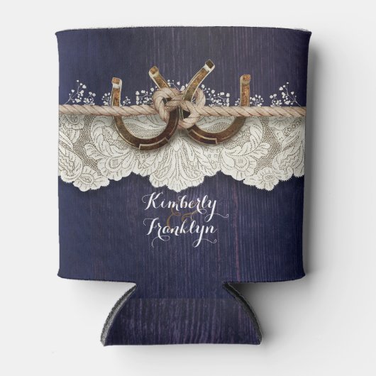 カントリー素朴ホースシューズレースウッドネイビー結婚ズ 缶クーラー (正面)