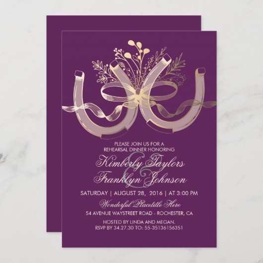 カントリー素朴ホースシューズ金ゴールドリハーサルディナー 招待状 (正面/裏面)