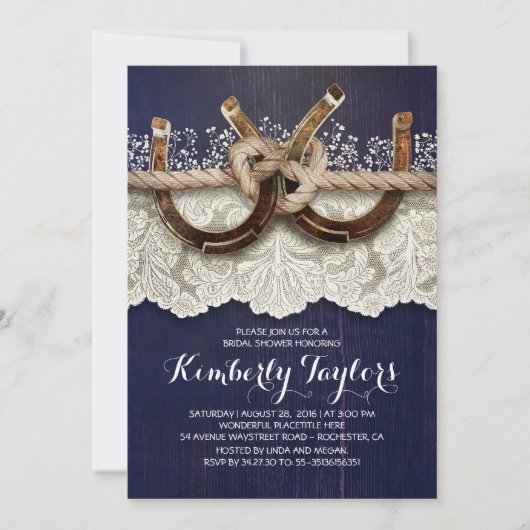 カントリー素朴ホースシューズ&レースブライダルシャワー 招待状 (正面)