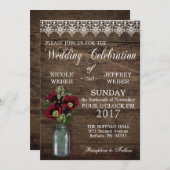 カントリー素朴マルーンのメイソンのjarカントリーウェディング 招待状 (正面/裏面)