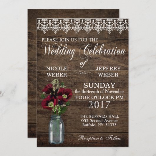 カントリー素朴マルーンのメイソンのjarカントリーウェディング 招待状 (正面/裏面)