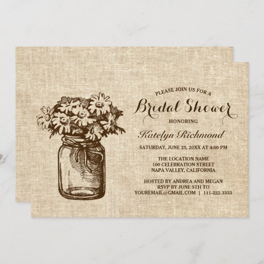 カントリー素朴メイスンジャーブライダルシャワーカード 招待状 (正面/裏面)
