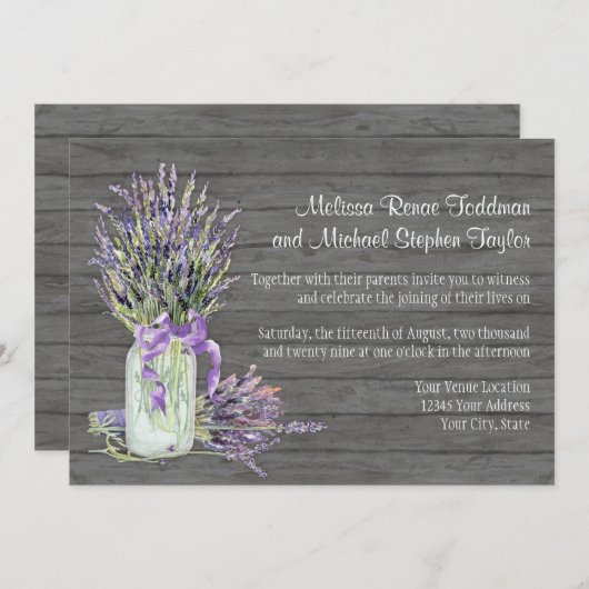 カントリー素朴メイスンジャールレースンラベンダーフローラ 招待状 (正面/裏面)