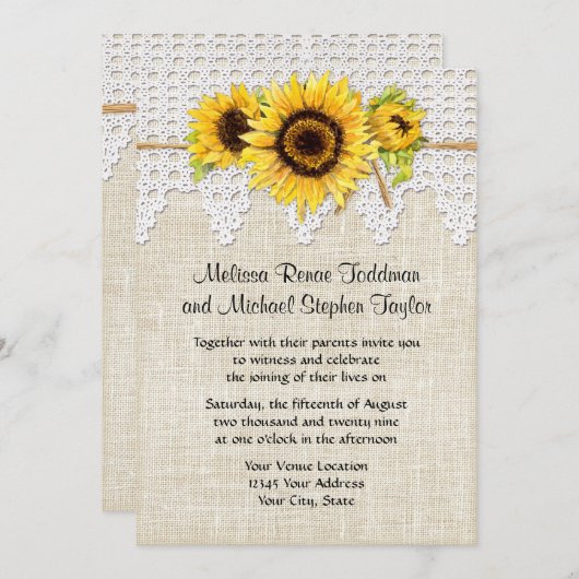 カントリー素朴メイソンの瓶の花 – ひまわりレース 招待状 (正面/裏面)