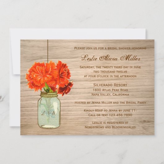 カントリー素朴メイソンジャールフラワーズブライダルシャワー 招待状 (正面)