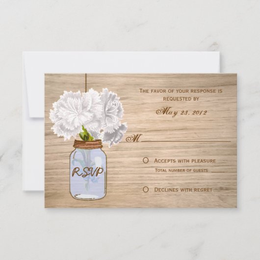 カントリー素朴メイソンジャールホワイトフラワーズRSVP 出欠カード (正面)