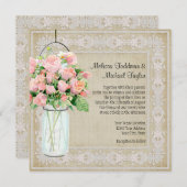 カントリー素朴メイソンジャール赤面ピンクローゼブーケ 招待状 (正面/裏面)