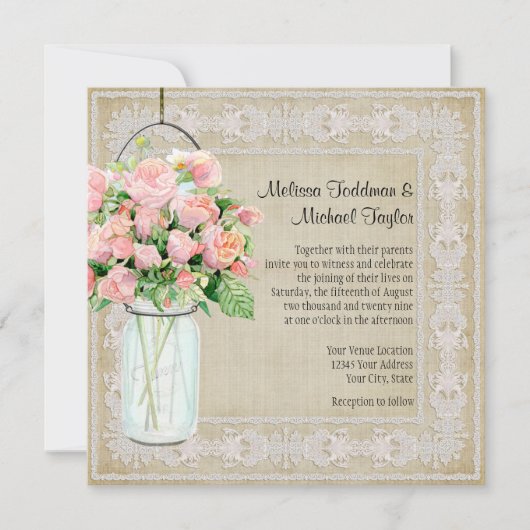 カントリー素朴メイソンジャール赤面ピンクローゼブーケ 招待状 (正面)