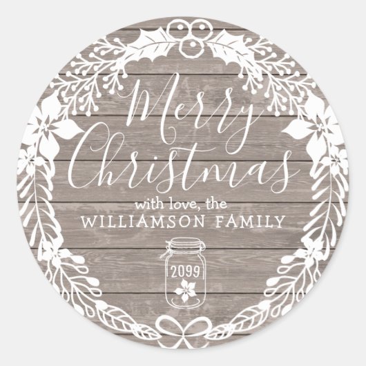 カントリー素朴メリークリスマスホワイトホリーリース ラウンドシール (正面)