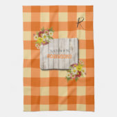 カントリー素朴モノグラムの姓オレンジジンガム キッチンタオル (縦)