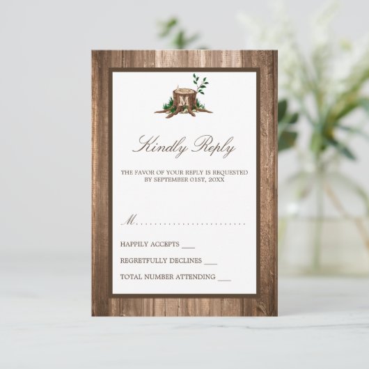 カントリー素朴モノグラムツリー&ウッド結婚ズ 出欠カード (スタンド正面)