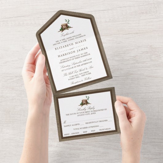 カントリー素朴モノグラムツリー&バ結婚ラップ オールインワン招待状 (貼ってはがせる)