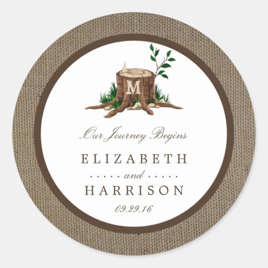 カントリー素朴モノグラムツリー&バ結婚ラップ ラウンドシール (正面)