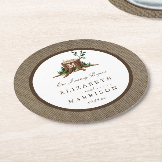 カントリー素朴モノグラムツリー&バ結婚ラップ ラウンドペーパーコースター (アングル)